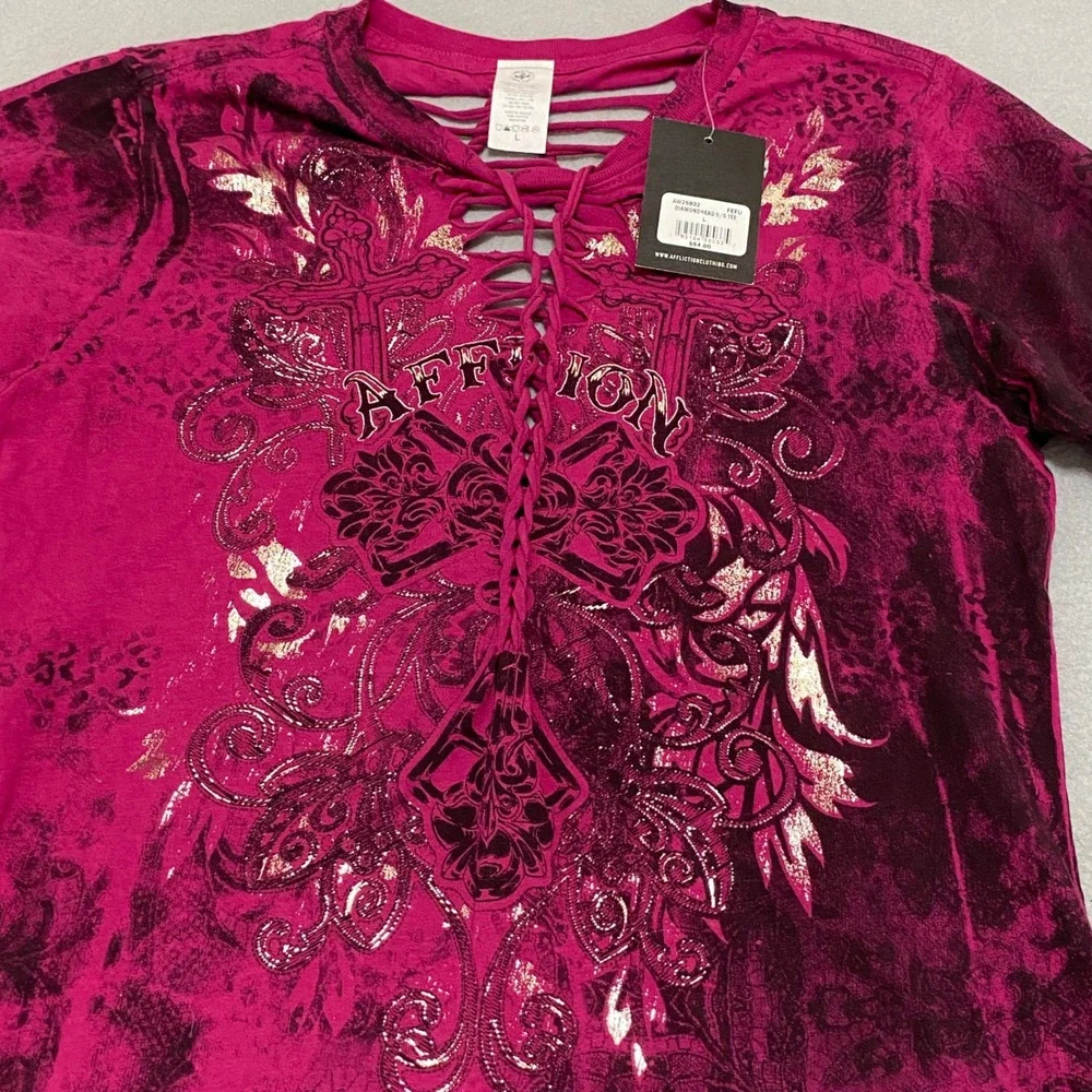 Affliction Diamondhead Lace Up Braided Back Tee Magenta Black Foil NWT Large